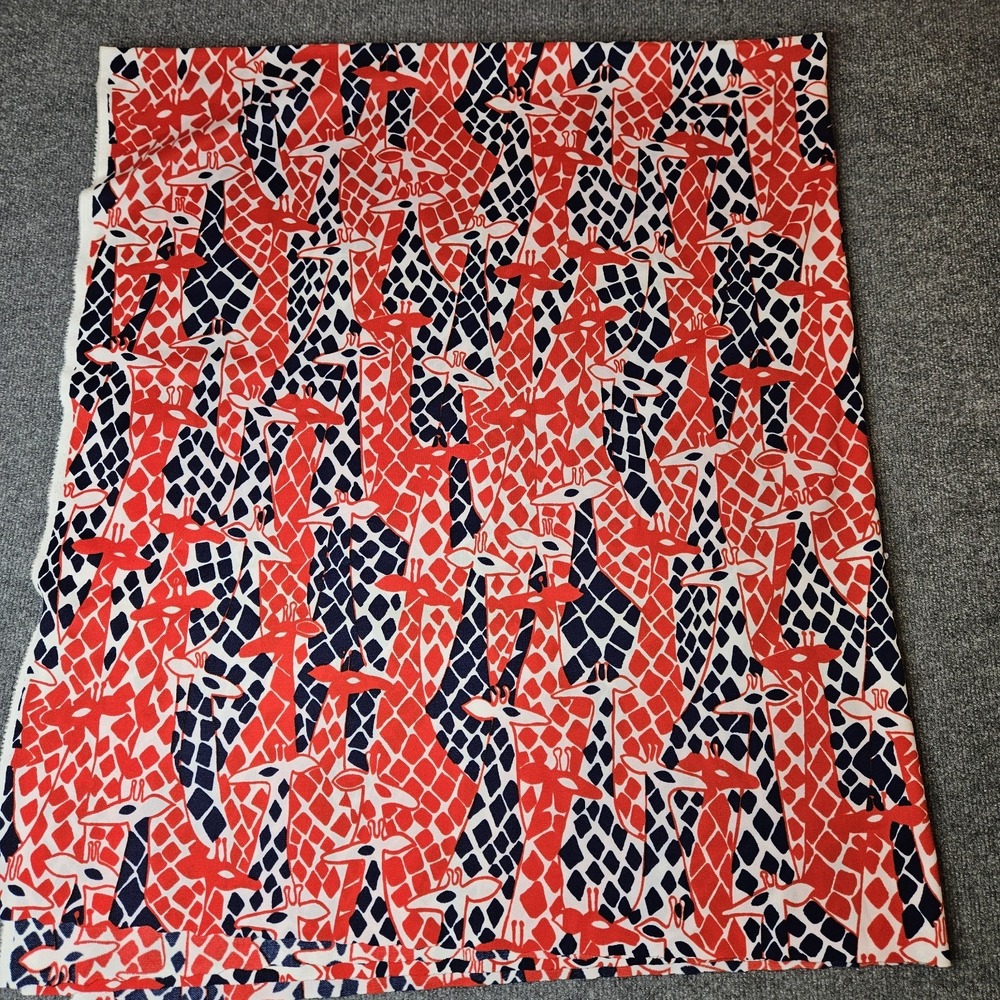 Vintage 1970s Fabric 2 Yards Nylon Poly Stretch Red Blue Giraffes Geometric